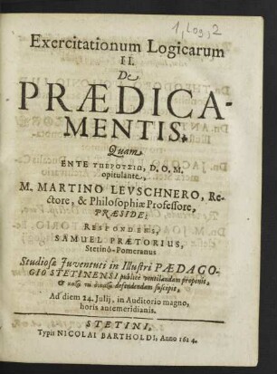 Exercitationum Logicarum ... De Praedicamentis