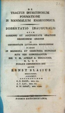 De tractus intestinorum formatione in mammalium embryonibus : Diss. inaug.