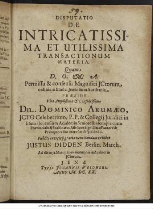 Disputatio De Intricatissima Et Utilissima Transactionum Materia