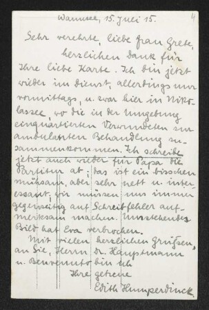 Brief von Edith Humperdinck an Margarete Hauptmann