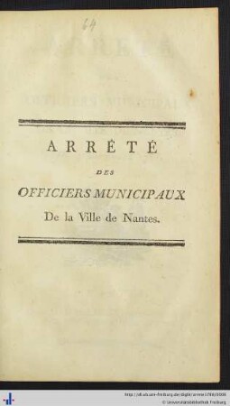 Arrêté des Officiers Municipaux de la Ville de Nantes : du 4 novembre 1788