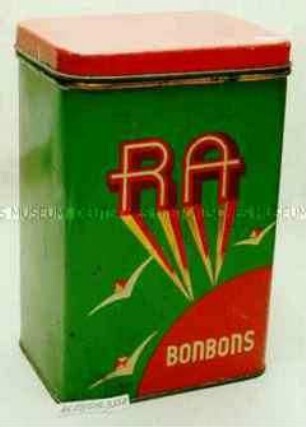 Vorrats-Blechdose für "RA BONBONS"