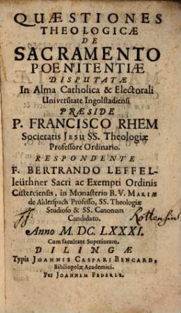 Quaestiones theologicae de sacramento poenitentiae