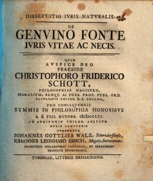 Dissertatio iuris naturalis de genuino fonte iuris vitae ac necis