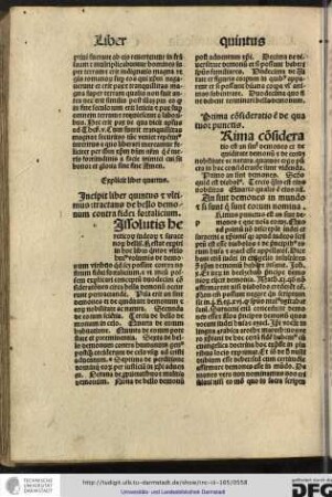 Incipit liber quintus et ultimus, tractans de bello demonum contra fidei fortalitium.