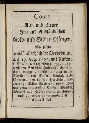 Cours Alt- und Neuer In- und Ausländischer Gold- und Silber-Münzen