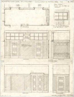 Fischer, Theodor; Stuttgart; Kunstausstellungsgebäude - Schreinerarbeit im Vorraum 94a (Grundriss, Wandabwicklungen); Tür - u. Fensterverkleidung im Raum Nr. 94 (Detail)