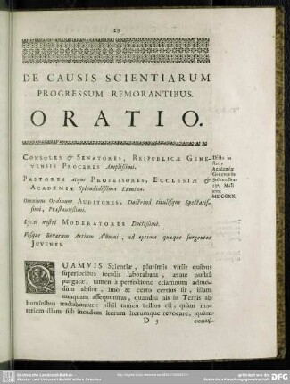 De Causis Scientiarum Progressum Remorantibus. Oratio