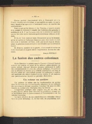 La fusion des cadres coloniaux.