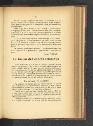 La fusion des cadres coloniaux.