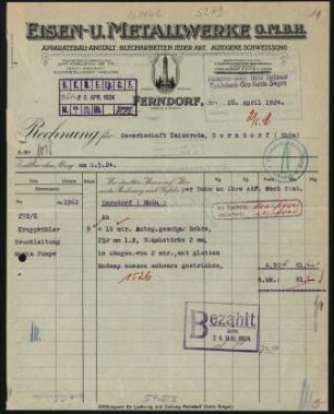 Firmenbriefkopf Eisen- u. Metallwerke , G.M.B.H., Apparatebau - Anstalt, Blecharbeitten jeder Art, Autogene Schweissung