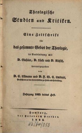 Theologische Studien und Kritiken : Beiträge zur Theologie und Religionswissenschaft, 8,2 = H. 3/4. 1835. - S. 551 - 1068