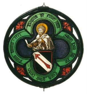 Kabinettscheibe mit Wappen der Nürnberger Familie Held gen. Hagelsheimer und Brustbild des Hl. Bartholomäus im Vierpass