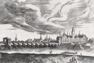 Dresda (Dresden vom Neustädter Ufer) : Ansicht vom damaligen Altendresden aus mit Elbbrücke und Schloß. 1553. Kupferstich; 17,3 x 24,2 cm