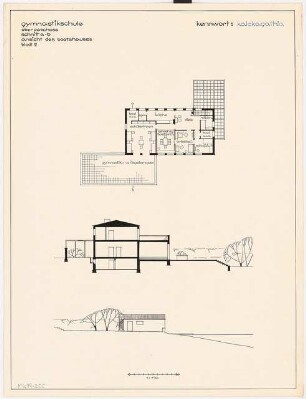 Gymnastikschule am See Monatskonkurrenz Dezember 1932: Grundriss Obergeschoss, Querschnitt 1:150; Aufriss Ansicht des Bootshauses 1:150; Maßstabsleiste