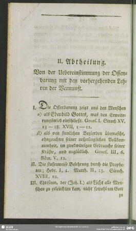 II. Abtheilung. Von der Uebereinstimmung der Offenbarung mit den vorhergehenden Lehren der Vernunft