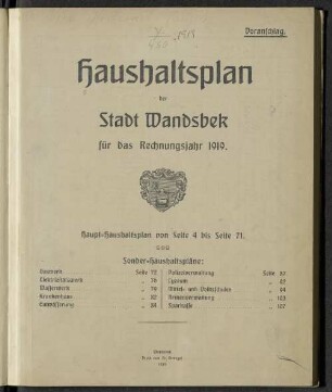 1919: Haushaltsplan der Stadt Wandsbek
