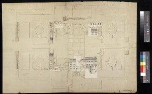 Grundriss der Schlossanlage mit der Gartenanlage und der Umfassungsmauer, sowie Aufrissen verschiedener Gebäudeteile auf 14 Tekturen