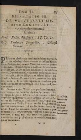 Disputatio III. De Universali Merito Christi, Et vocatione hominum ad salutem