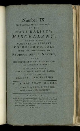 Number IX. of the Naturalist's Miscellany.