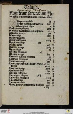 Tabula Registrum sanctorum