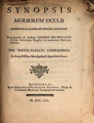 Synopsis, morborum, oculis insidentium, genera et species exponens