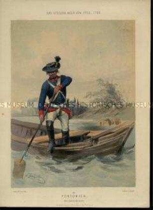 Uniformdarstellung, Pontonier im Boot, Österreich, 1758/1790. Tafel 39 aus: Gerasch: Das Oesterreichische Heer.