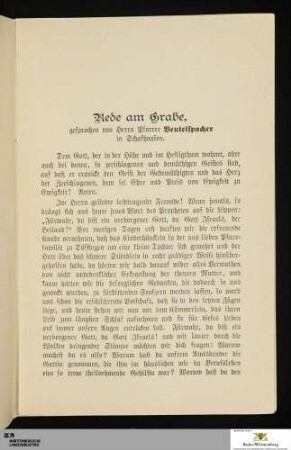 Rede am Grabe. gesprochen von Herrn Pfarrer Beutlspacher in Schafhausen