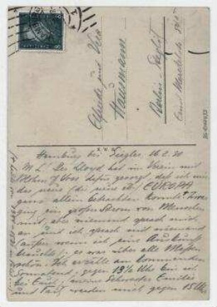 Ansichtspostkarte von Johannes Baader an Elfriede Hausmann und Vera Hausmann. Hamburg