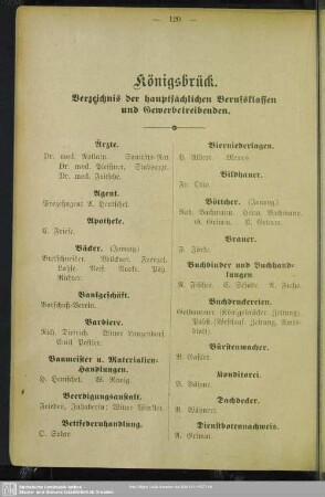 Berufsklassen und Gewerbebetriebe : Königsbrück. Verzeichnis der hauptsächlichen Berufsklassen und Gewerbetreibenden