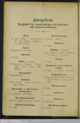 Berufsklassen und Gewerbebetriebe : Königsbrück. Verzeichnis der hauptsächlichen Berufsklassen und Gewerbetreibenden