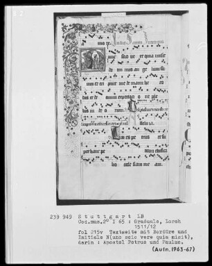Graduale (Benediktinerhandschrift) — Initiale N (unc scio vere quia misit) mit den Aposteln Petrus und Paulus, Folio 215verso