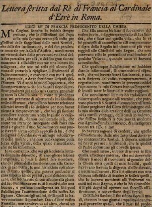 Lettera scritta dal Re di Francia al Cardinal Estré in Roma