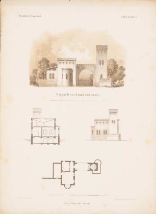 Eingangstor, Muskau: Grundriss, Ansichten, Querschnitt (aus: Architektonisches Skizzenbuch, H. 43, 1859)