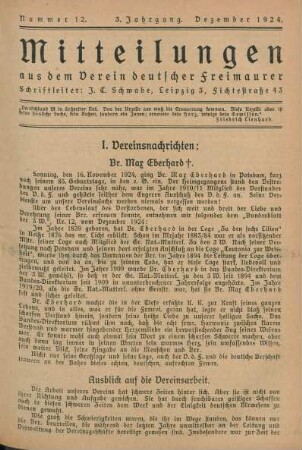 Nummer 12. 3. Jahrgang. Dezember 1924.