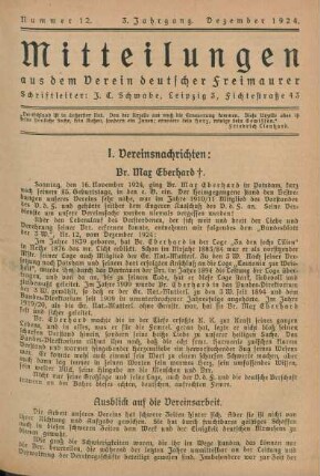Nummer 12. 3. Jahrgang. Dezember 1924.