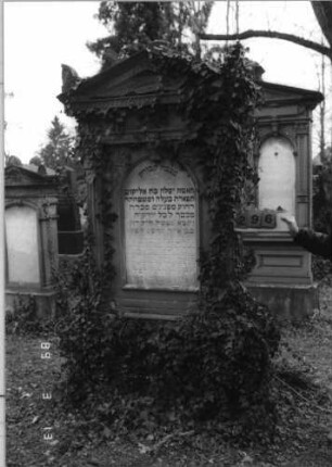 Grabstein 296 (Index: 100093289) Zustand: stark mit Efeu bewachsen Maße HxBxT: 240x123x54 cm Symbolik: reich verziert Besonderheit: Doppelgrab für Eheleute: Grabstein 296