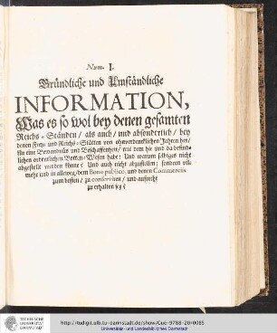 Num. I. Gründliche und Umständliche Information