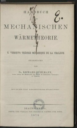 Handbuch der mechanischen Wärmetheorie : nach E. Verdet's Théorie mécanique de la chaleur ; mit in den Text eingedr. Holzstichen