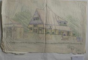 [Wohnhaus mit umgebender Mauer und Nebengebäude]