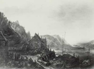 Rheinlandschaft mit Weinkelterei und Wirtshaus