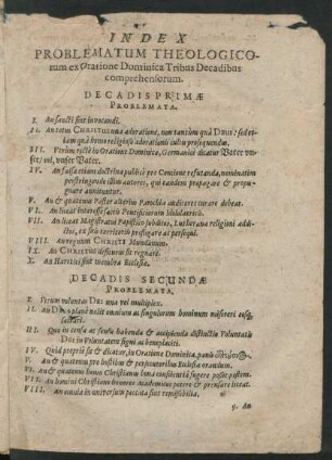 Index Problematum Theologicorum ex Oratione Dominica Tribus Decadibus comprehensorum.