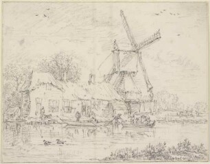 Haus und Windmühle an einem Kanal