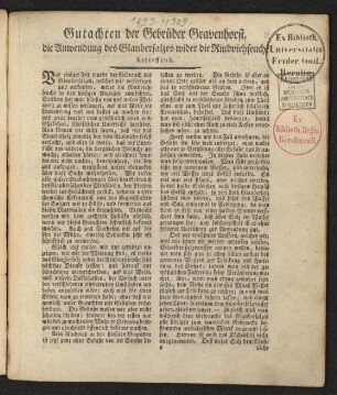Gutachten der Gebrüder Gravenhorst, die Anwendung des Glaubersalzes wider die Rindviehseuche betreffend : [... Braunschweig, den 11ten Jan. 1776.]
