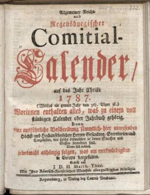 1787: Allgemeiner Reichs- und Regensburgischer Comitial-Calender, Auf das Jahr Christi 1787