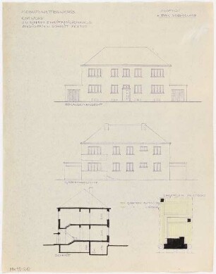 Zweifamilienhaus Monatskonkurrenz Februar 1930: Lageplan 1:500; Aufriss Straßenansicht, Gartenansicht, Längsschnitt 1:100