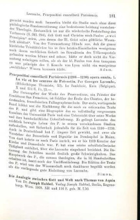 181-182 [Rezension] Habbel, Josef, Die Analogie zwischen Gott und Welt nach Thomas von Aquin