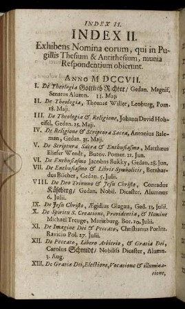 Index II. Exhibens Nomina eorum, qui in Pugillis Thesium & Antithesium, munia Respondentium obierunt.