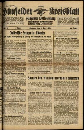 Erste Ausgabe vom Samstag, den 08. April 1939.