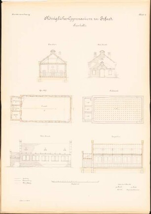 Gymnasium, Erfurt: Turnhalle: Querschnitt, Nordansicht, Grundriss EG und Fundamente, Westansicht, Längsschnitt 1.100